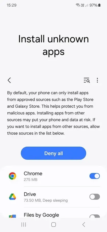 Android settings screen with the Allow from this source switch