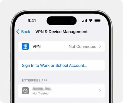 iPhone VPN and Device Management screen listing an enterprise app