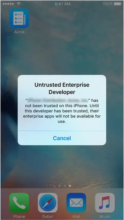 iPhone Untrusted Enterprise Developer message